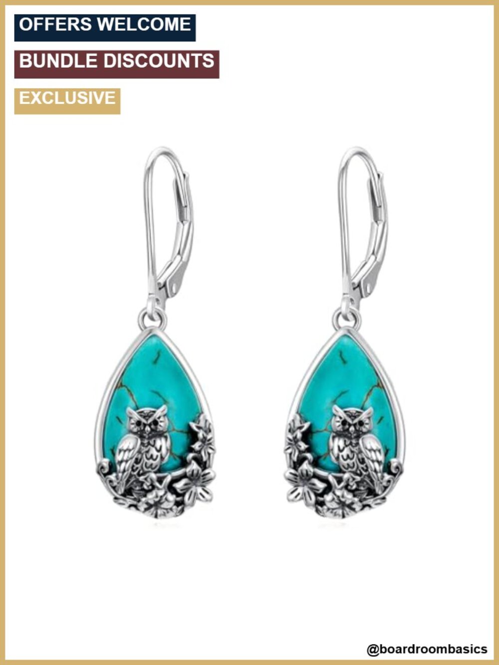 Genuine Turquoise Owl Dangle Earrings 925 Sterling Silver Vintage Style